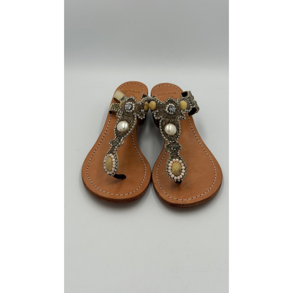 Maliparmi Beaded Thong Sandals Womens EU 37 Tan Leather Boho Italy